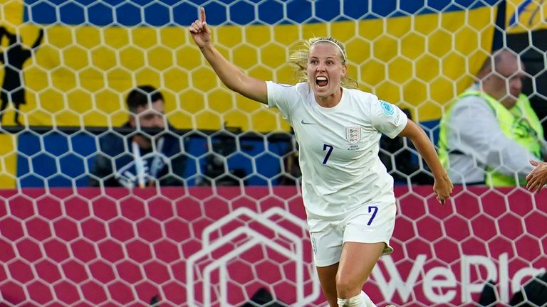 Beth Mead celebrates after scoring England's first goal against Sweden