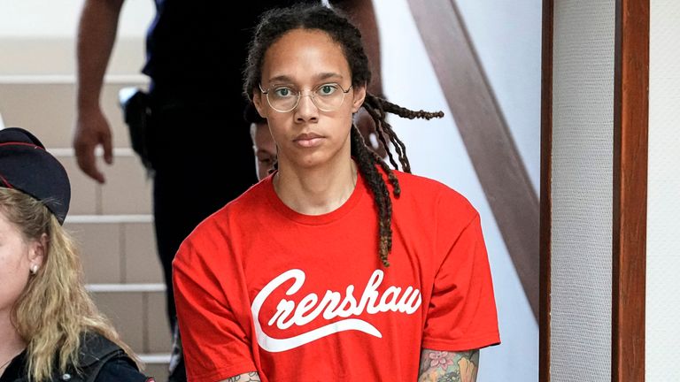 WNBA star and two-time Olympic gold medalist Brittney Griner is escorted to a courtroom for a hearing