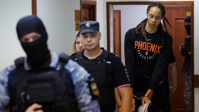 Griner is escorted to a courtroom for a hearing, in Khimki just outside Moscow