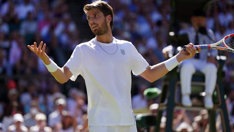Cameron Norrie reacts during the Gentlemen's Singles Semi Final against Novak Djokovic on day twelve of the 2022 Wimbledon Championships at the All England Lawn Tennis and Croquet Club, Wimbledon. Picture date: Friday July 8, 2022.