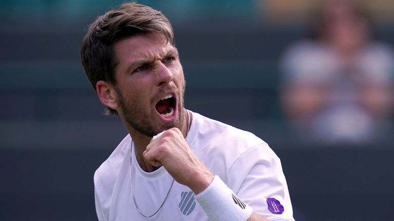 Cameron Norrie celebrates during his Men's Singles quarter-final against David Goffin on day nine of the 2022 Wimbledon Championships at the All England Lawn Tennis Club and Croquet Club, Wimbledon.  Date taken: Tuesday, July 5, 2022.