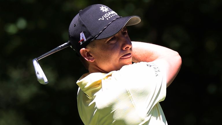 Carlos Ortiz tees off at the LIV Golf Portland Invitational tournament in North Plains, Oregon (Associated Press)