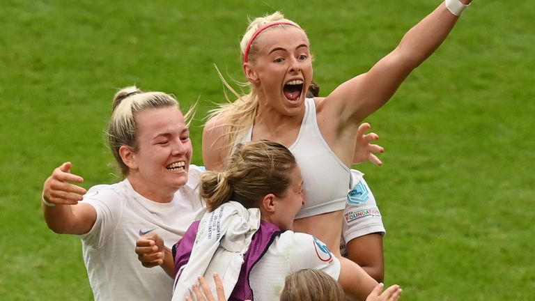 Chloe Kelly celebrates after restoring England's lead in extra-time