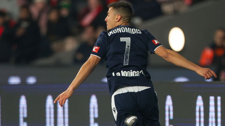 Melbourne Victory's Chris Ikonomidis celebrates after scoring against Manchester United (AP)