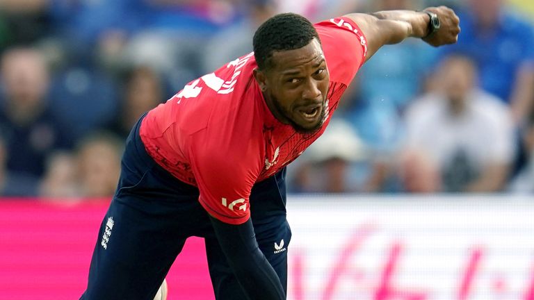 England's Chris Jordan bowls during the second Vitality IT20 match at Sophia Gardens, Cardiff. Picture date: Thursday July 28, 2022.
