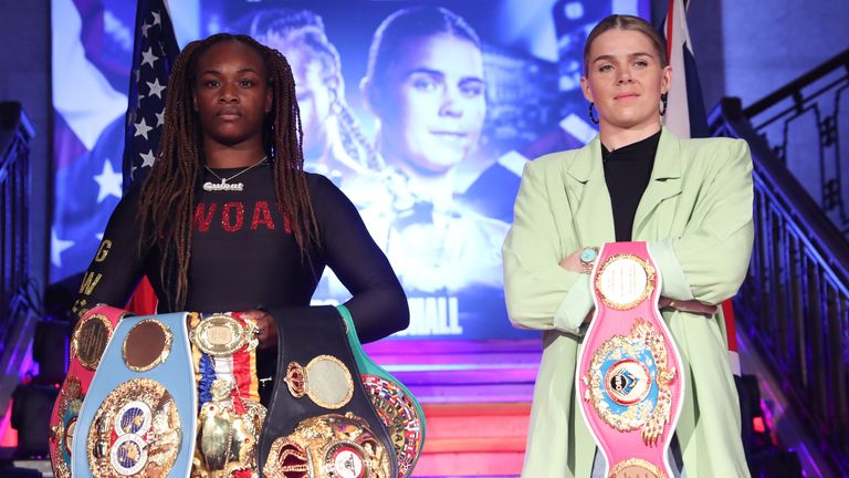 SHIELDS-MARSHALL  PRESS CONFERENCE.BANKING HALL,.CORNHILL,.LONDON.PIC;LAWRENCE LUSTIG.SAVANNAH MARSHALL AND CLARISSA SHIELDS COME FACE TO FACE AS THEY ANNOUNCE THEIR UNIFICATION FIGHT AT LONDONS O2 ARENA ON SEPTEMBER 10TH ON PROMOTER BEN SHALOMS BOXXER PROMOTION LIVE ON SKY SPORTS.