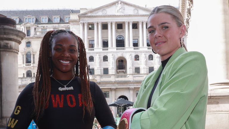 SHIELDS-MARSHALL  PRESS CONFERENCE.BANKING HALL,.CORNHILL,.LONDON.PIC;LAWRENCE LUSTIG.SAVANNAH MARSHALL AND CLARISSA SHIELDS COME FACE TO FACE  OUTSIDE OF THE BANK OF ENGLAND AS THEY ANNOUNCE THEIR UNIFICATION FIGHT AT LONDONS O2 ARENA ON SEPTEMBER 10TH ON PROMOTER BEN SHALOMS BOXXER PROMOTION LIVE ON SKY SPORTS.