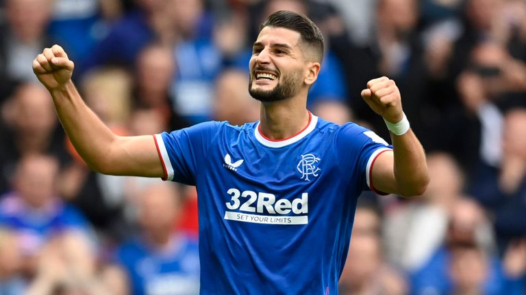 Rangers&#39; Antonio Colak celebrates making it 1-0 during a pre-season friendly match between Rangers and Tottenham Hotspur at Ibrox Stadium, on July 23, 2022, in Glasgow, Scotland. (Photo by Rob Casey / SNS Group)