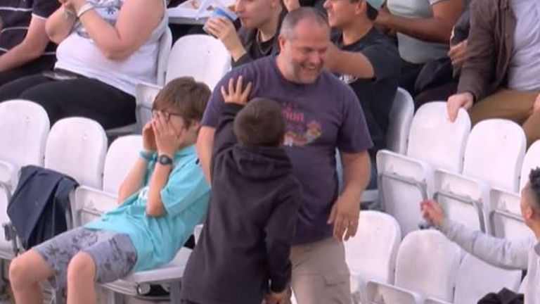 A cricket fan looked perfectly placed to catch a six, but then was left red-faced when he comically dropped the ball at the Vitality Blast match