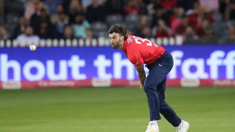 England&#39;s Reece Topley bowls during the first Vitality IT20 match at The Seat Unique Stadium, Bristol. Picture date: Wednesday July 27, 2022