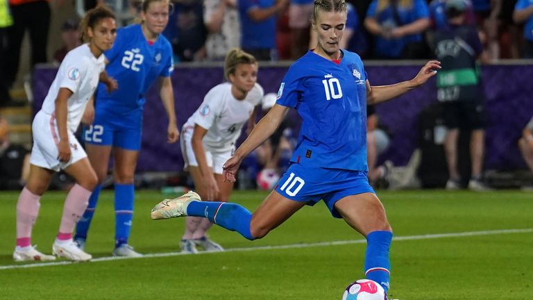 Iceland&#39;s Dagny Brynjarsdottir scores their side&#39;s first goal of the game from a penalty during the UEFA Women&#39;s Euro 2022 Group D match at the New York Stadium, Rotherham. Picture date: Monday July 18, 2022