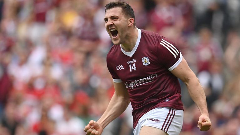 9 July 2022; Damien Comer of Galway celebrates after scoring his side's first goal during the GAA Football All-Ireland Senior Championship Semi-Final match between Derry and Galway at Croke Park in Dublin. Photo by Seb Daly/Sportsfile