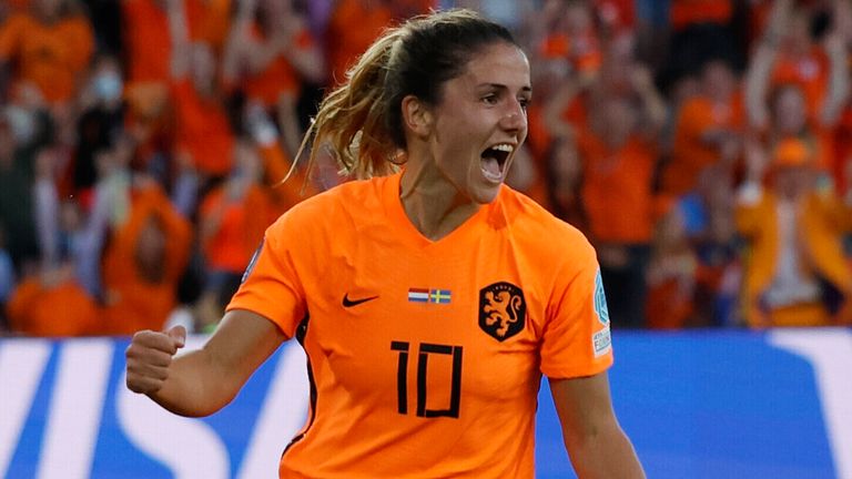 Danielle van de Donk celebrates scoring for Netherlands against Portugal