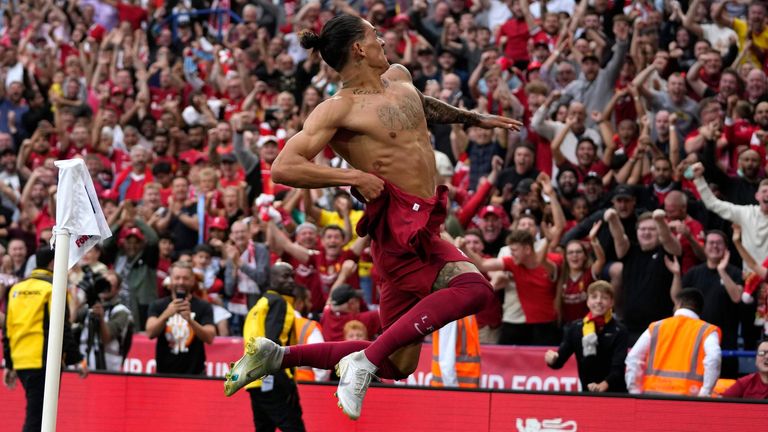 Darwin Nunez celebrates after scoring Liverpool's third goal in a win over Man City in the Community Shield