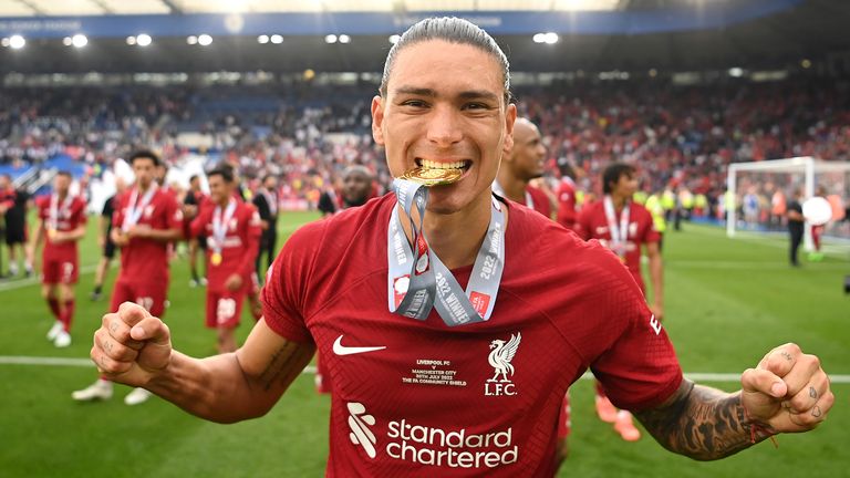 Darwin Nunez celebrates with his winners' medal after his crucial cameo in Liverpool's Community Shield triumph over Manchester City