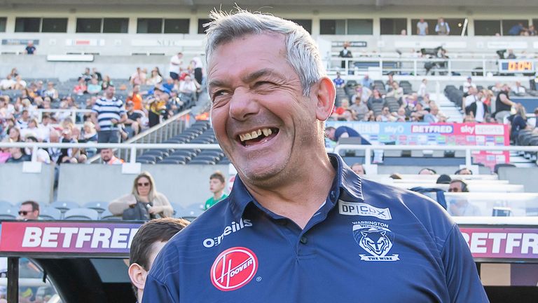 Picture by Allan McKenzie/SWpix.com - 10/07/2022 - Rugby League - Betfred Super League Magic Weekend - Catalans Dragons v Warrington Wolves - St. James' Park, Newcastle, England - Warrington coach Daryl Powell reacts with a smile after his side's victory over Catalans.
