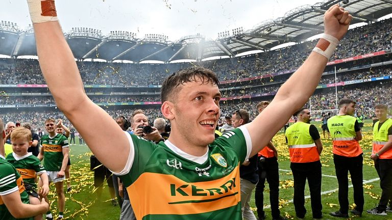 24 July 2022; David Clifford of Kerry celebrates after the GAA Football All-Ireland Senior Championship Final match between Kerry and Galway at Croke Park in Dublin. Photo by Ramsey Cardy/Sportsfile