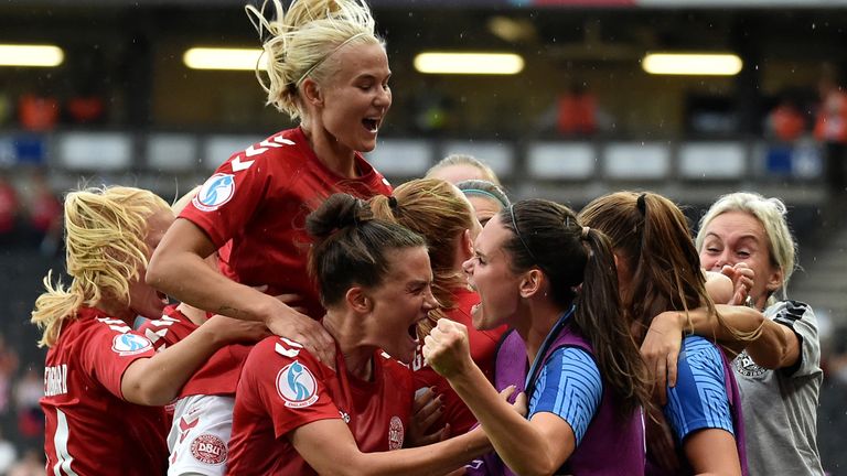 Denmark&#39;s Pernille Harder celebrates after scoring the winning goal