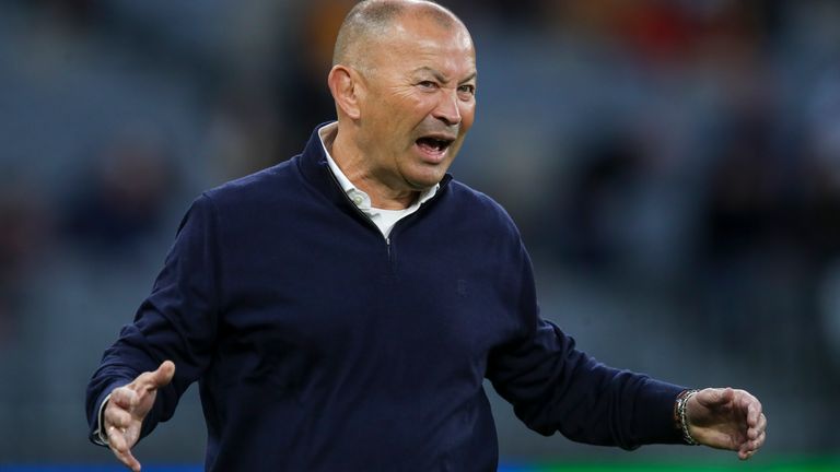 England coach Eddie Jones reacts as he watches his players warm-up ahead of the rugby international between England and the Wallabies in Perth, Australia, Saturday, July 2, 2022. (AP Photo/Gary Day)