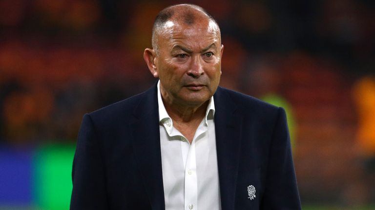 England coach Eddie Jones walks on the field before their their rugby union match against Australia in Brisbane, Australia, Saturday, July 9, 2022. (AP Photo/Tertius Pickard)