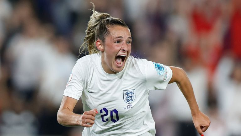 England's Ella Toone celebrates after equalizing against Spain in the Euro 2022 quarter-finals