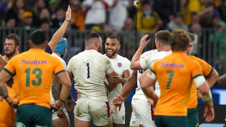 England&#39;s Ellis Genge, centre, is congratulated by teammates after scoring a try during the rugby international between England and the Wallabies in Perth, Australia, Saturday, July 2, 2022.