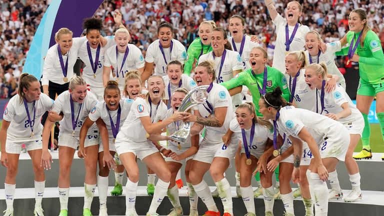 England lift the European Championship trophy after beating Germany in the final at Wembley