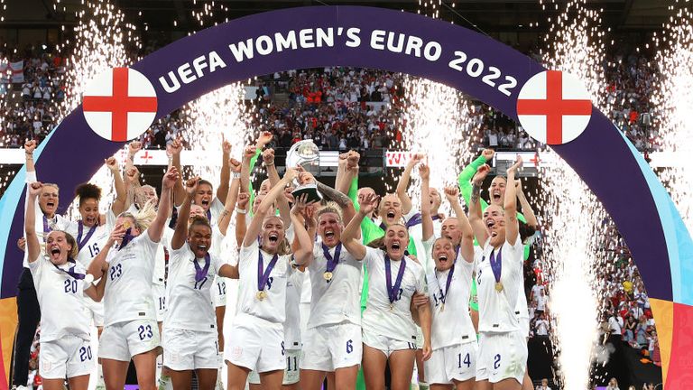 The England team celebrate winning Euro 2022