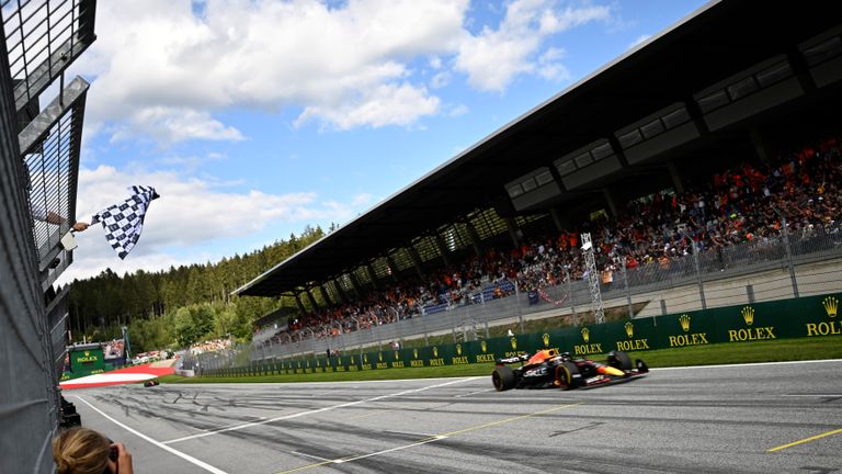 Red Bull driver Max Verstappen of the Netherlands crosses the finish line to win the Sprint Race qualifying session at the Red Bull Ring racetrack in Spielberg, Austria, Saturday, July 9, 2022. The Austrian F1 Grand Prix will be held on Sunday July 10, 2022.