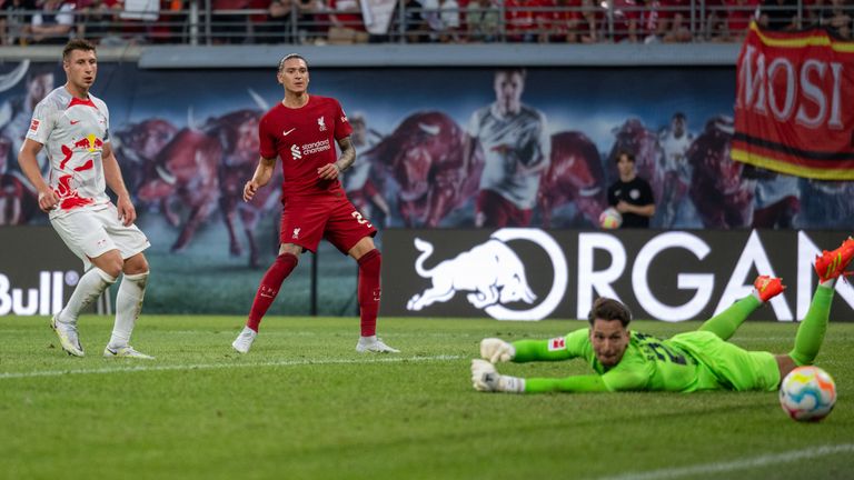 Liverpool's Darwin Nunez scored his team's fifth goal in a pre-season friendly at the Red Bull Arena in Leipzig, Germany. Shooting date: Thursday, July 21, 2022