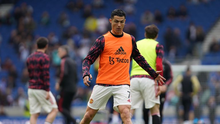 Cristiano Ronaldo of Manchester United warms up before the Premier League match at the AMEX Stadium, Brighton.  Drawing date: Saturday May 7, 2022
