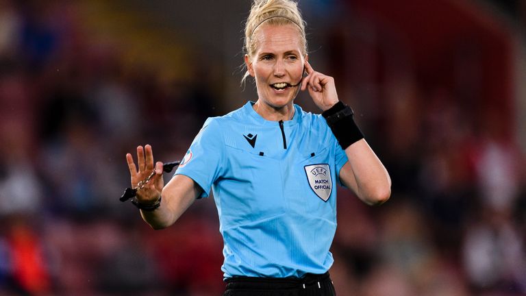 Referee Lina Lehtovaara gestures during the UEFA Women's Euro England 2022 group A match between Norway and Northern Ireland at St Mary's Stadium on July 7, 2022 in Southampton.