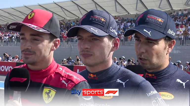 Charles Leclerc on pole is joined by Max Verstappen and Sergio Perez to discuss qualifying for the French GP.