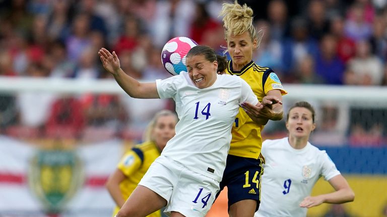 England&#39;s Fran Kirby duels for the ball with Sweden&#39;s Nathalie Bjoern 