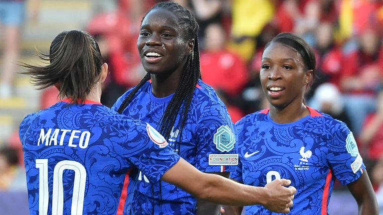 France's Griedge Mbock Bathy celebrates her winning goal