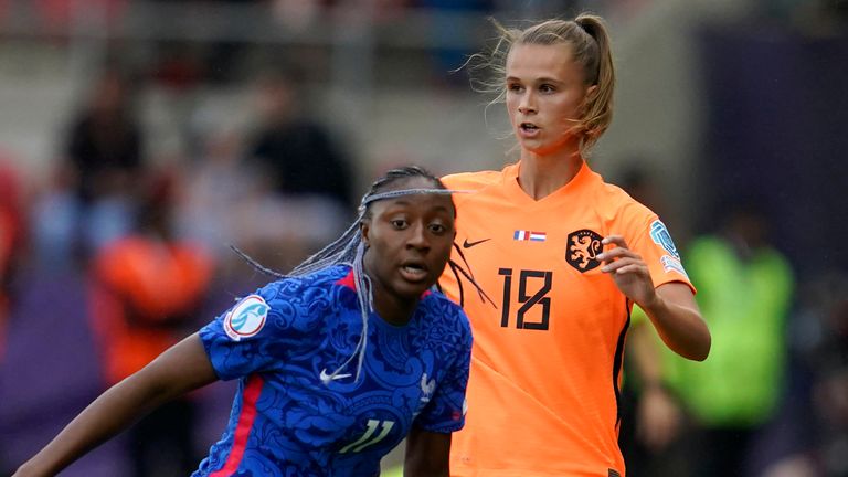 France's Kadidiatou Diani vies for the ball with Netherlands' Kerstin Casparij