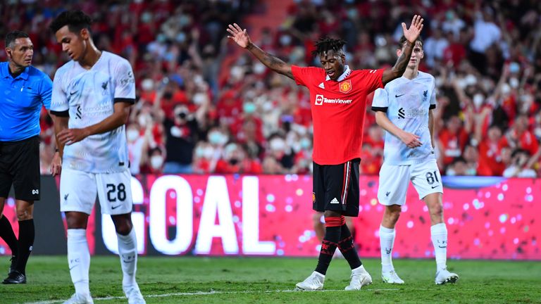 Fred celebrates his goal against Liverpool in Bangkok