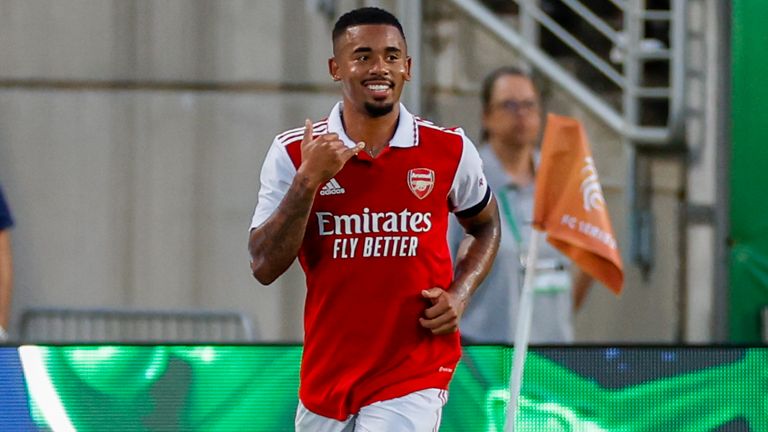 ORLANDO, FL - JULY 23: Arsenal forward Gabriel Jesus (9) celebrates after scoring a goal during the game between Chelsea and Arsenal on July 23, 2022 at Camping World Stadium in Orlando, Fl. (Photo by David Rosenblum/Icon Sportswire) (Icon Sportswire via AP Images)