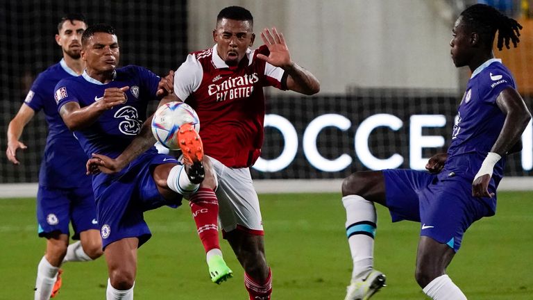 Arsenal's Gabriel Jesus, center, tries to get control of the ball as he gets between Chelsea's Thiago Silva, left, and Trevor Chalobah during the first half of a Florida Cup friendly soccer match Saturday, July 23, 2022, in Orlando, Fla. (AP Photo/John Raoux)