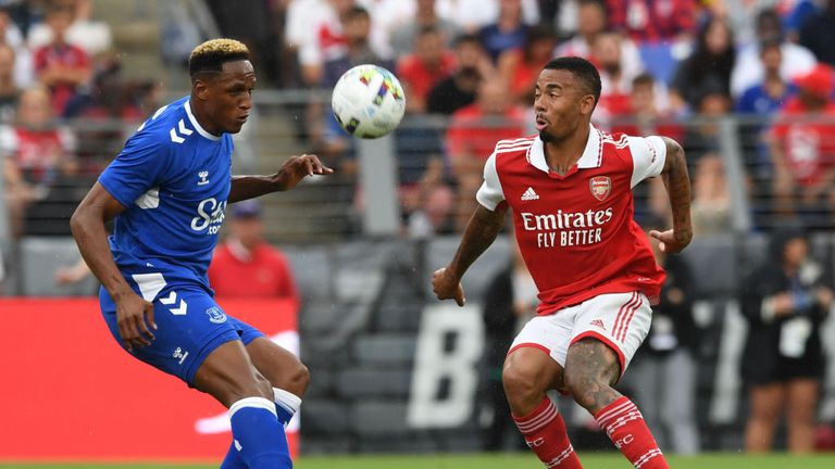 Gabriel Jesus of Arsenal flicks the ball over Yerry Mina of Everton during the pre season friendly match between Arsenal and Everton at M&T Bank Stadium on July 16, 2022 in Baltimore, Maryland. (Photo by David Price/Arsenal FC via Getty Images)