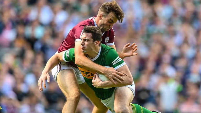 24 July 2022; David Moran of Kerry in action against Paul Conroy of Galway during the GAA Football All-Ireland Senior Championship Final match between Kerry and Galway at Croke Park in Dublin. Photo by Stephen McCarthy/Sportsfile