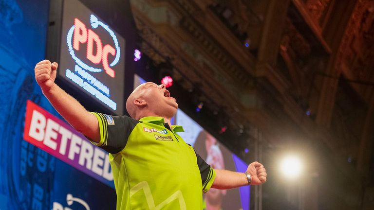 Michael van Gerwen celebrates at the World Matchplay Darts