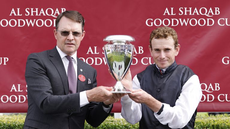 Aidan O'Brien and Ryan Moore lift the Goodwood Cup 
