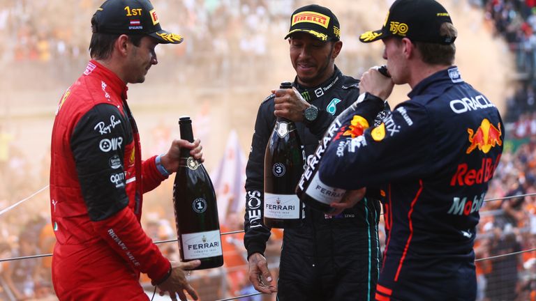     Ferrari's Charles Leclerc (left) finished ahead of Max Verstappen (right) and Lewis Hamilton at the Austrian GP