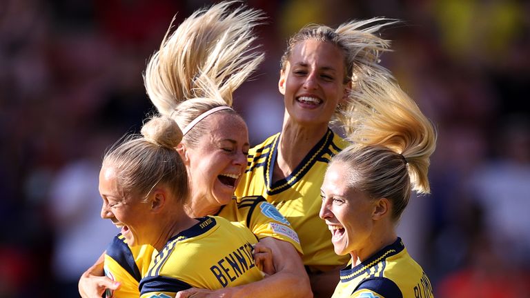 Hanna Bennison celebrates scoring for Sweden against Switzerland