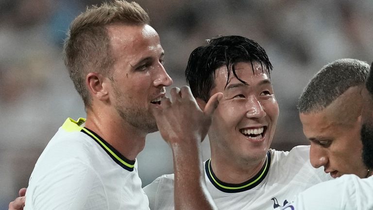 Tottenham&#39;s Harry Kane celebrates after scoring a goal during an exhibition match between Tottenham Hotspur and Team K-league at Seoul World Cup Stadium in Seoul, South Korea, Wednesday, July 13, 2022. (AP Photo/Lee Jin-man)
