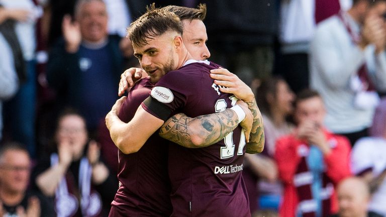 Hearts&#39; Barrie McKay (L) celebrates after making it 2-0