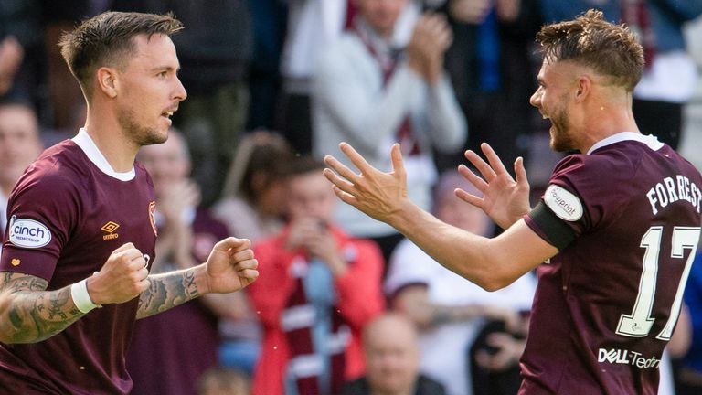 EDINBURGH, SCOTLAND - JULY 30: Hearts&#39; Barrie McKay (L) celebrates making it 2-0 with Alan Forrest during a cinch Premiership match between Hearts and Ross County at Tynecastle Park, on July 30, 2022, in Edinburgh, Scotland. (Photo by Ross Parker / SNS Group)