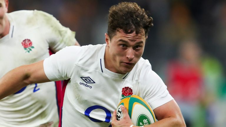 England&#39;s Henry Arundell breaks the tackle of Australia&#39;s James O&#39;Connor to score a try during the rugby international between England and the Wallabies in Perth, Australia, Saturday, July 2, 2022.