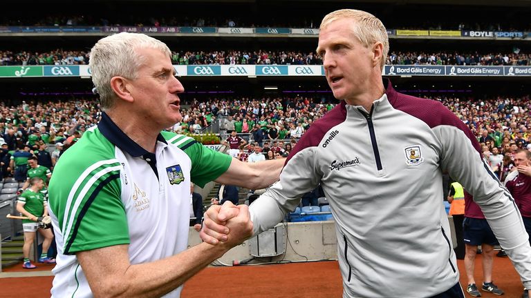 3 July 2022; Limerick manager John Kiely, left, and Galway manager Henry Shefflin shake hands after the GAA Hurling All-Ireland Senior Championship Semi-Final match between Limerick and Galway at Croke Park in Dublin. Photo by David Fitzgerald/Sportsfile